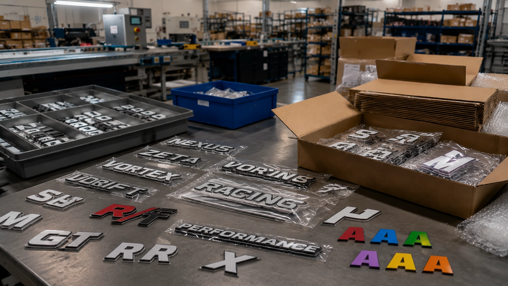 Tire lettering letter kits and packaging boxes on the factory floor